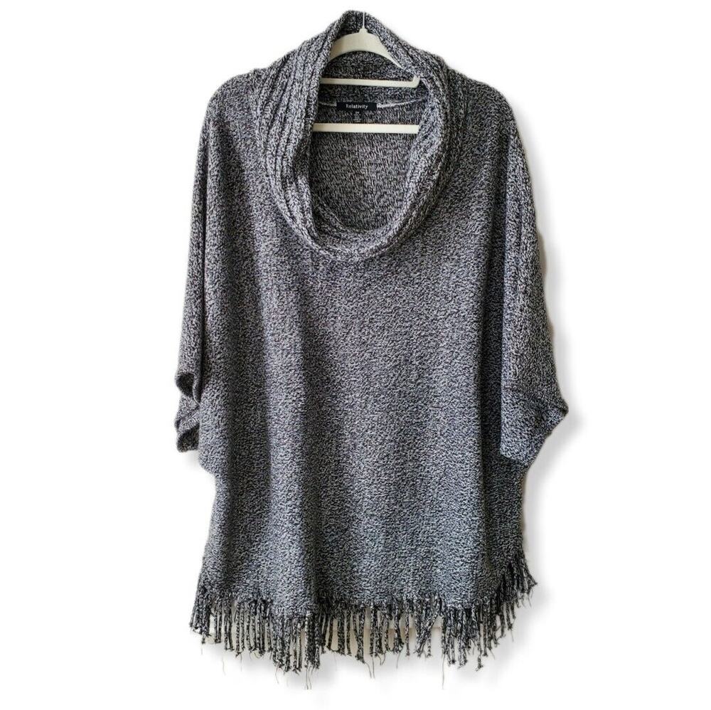 Women Gray Cowl Neck Fringe Sweater 3X Neutral Lagenlook Cozy Modern Comfort